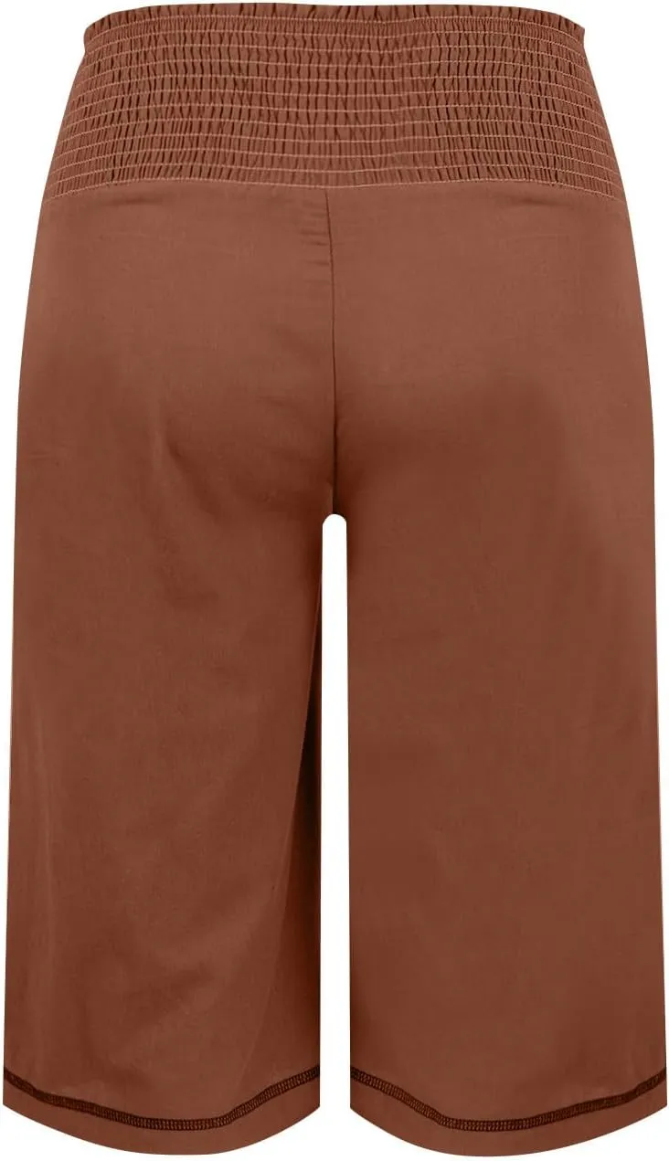 Women Linen Summer Flowy Pants Elastic Waist Ankle Length Slim-Fit Palazzo Lounge Pants Beach