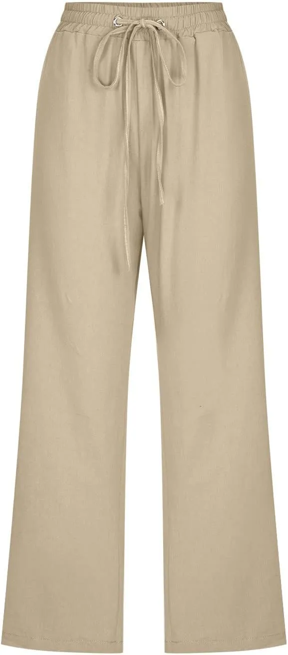 Women Linen Summer Tie Knot Palazzo Pants Low Waist Long Lounge Slim-Fit Palazzo Pants Travel