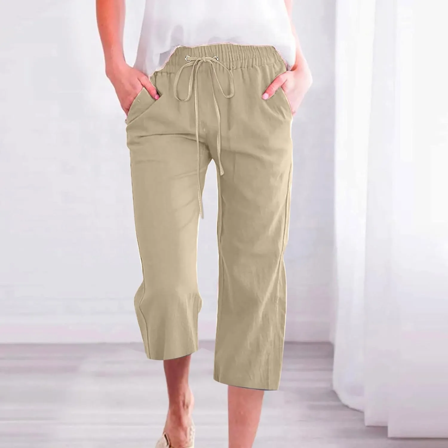 Women Linen Summer Tie Knot Palazzo Pants Low Waist Long Lounge Slim-Fit Palazzo Pants Travel