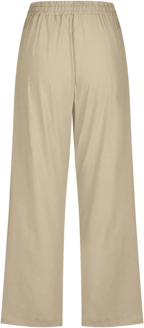 Women Linen Summer Tie Knot Palazzo Pants Low Waist Long Lounge Slim-Fit Palazzo Pants Travel
