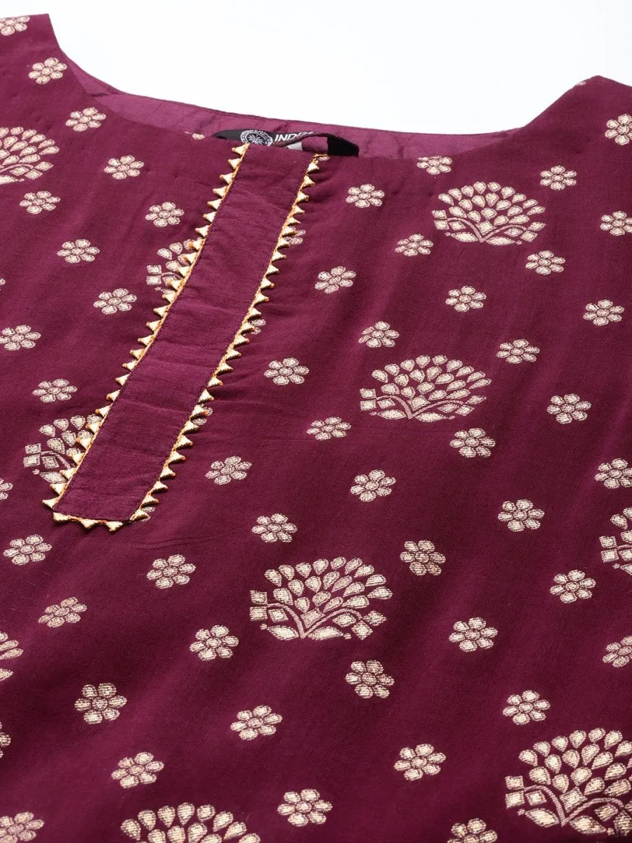 Women Maroon Floral Kurta with Trousers