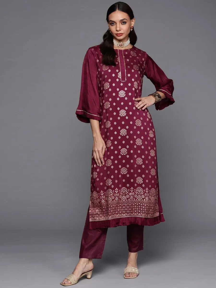 Women Maroon Floral Kurta with Trousers