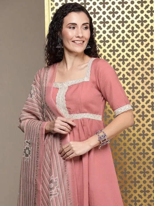 Women Pink Floral Yoke Design Pleated Thread Work Kurta with Trousers & With Dupatta
