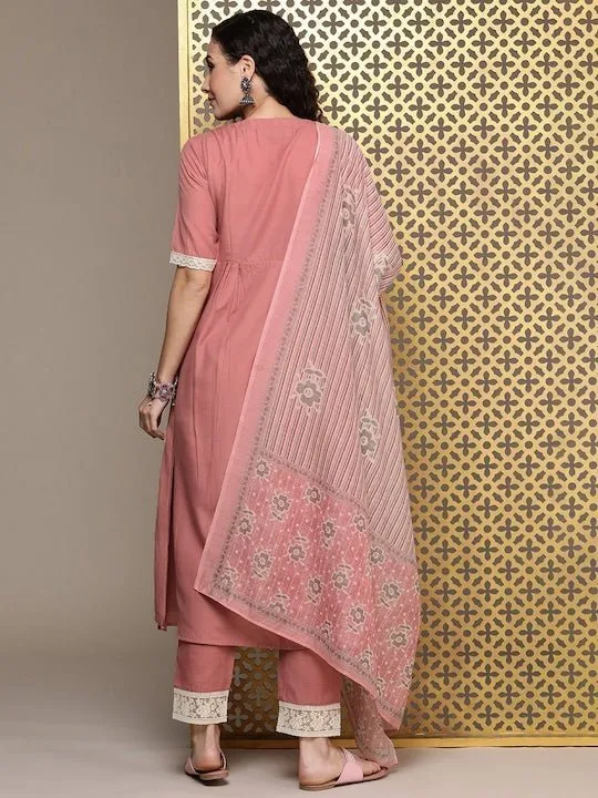 Women Pink Floral Yoke Design Pleated Thread Work Kurta with Trousers & With Dupatta