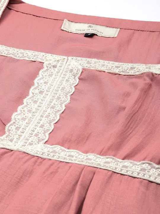 Women Pink Floral Yoke Design Pleated Thread Work Kurta with Trousers & With Dupatta