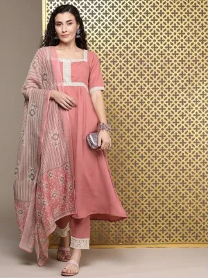 Women Pink Floral Yoke Design Pleated Thread Work Kurta with Trousers & With Dupatta