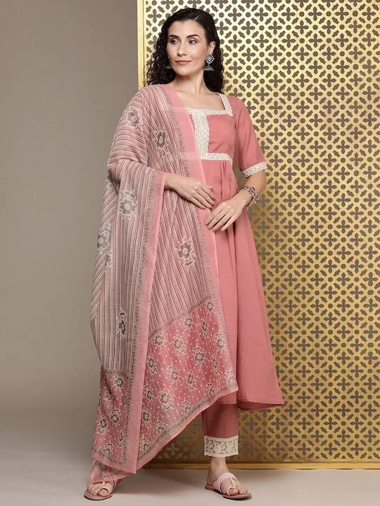 Women Pink Floral Yoke Design Pleated Thread Work Kurta with Trousers & With Dupatta