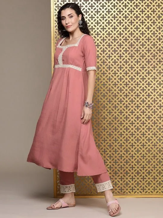 Women Pink Floral Yoke Design Pleated Thread Work Kurta with Trousers & With Dupatta