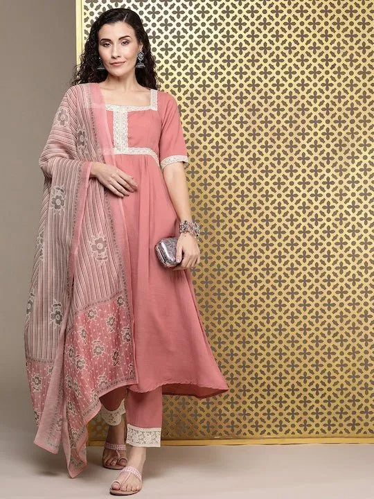 Women Pink Floral Yoke Design Pleated Thread Work Kurta with Trousers & With Dupatta