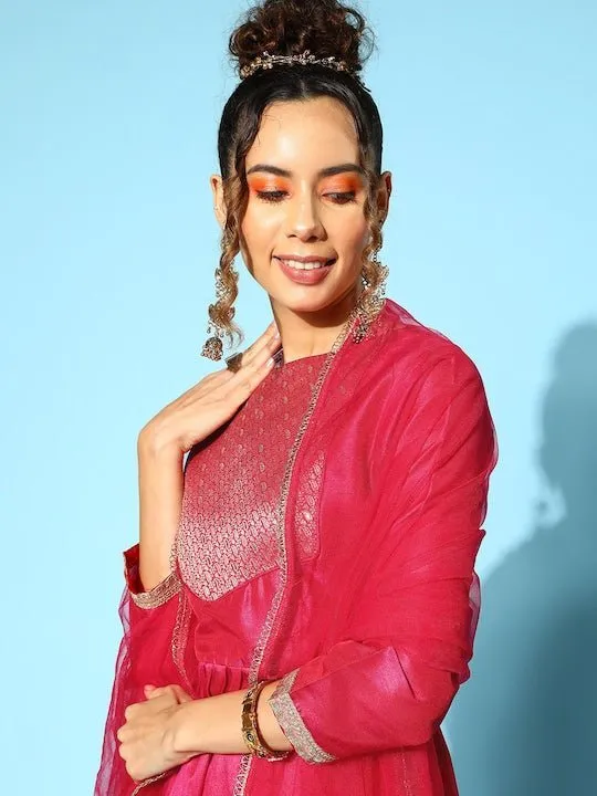Women Pleated Kurta with Trousers & With Dupatta