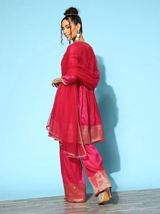 Women Pleated Kurta with Trousers & With Dupatta