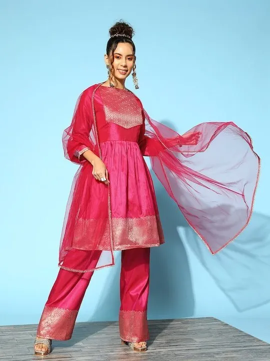 Women Pleated Kurta with Trousers & With Dupatta