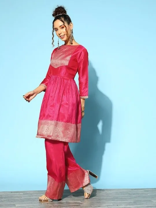 Women Pleated Kurta with Trousers & With Dupatta