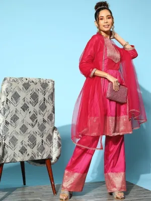 Women Pleated Kurta with Trousers & With Dupatta