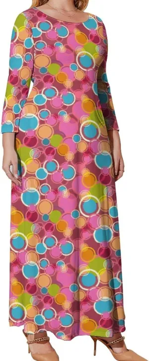 Women Plus Size Long-Sleeve Maxi Dress Empire Waist Red Polka Dot Lounge Swing Pleated Dresses