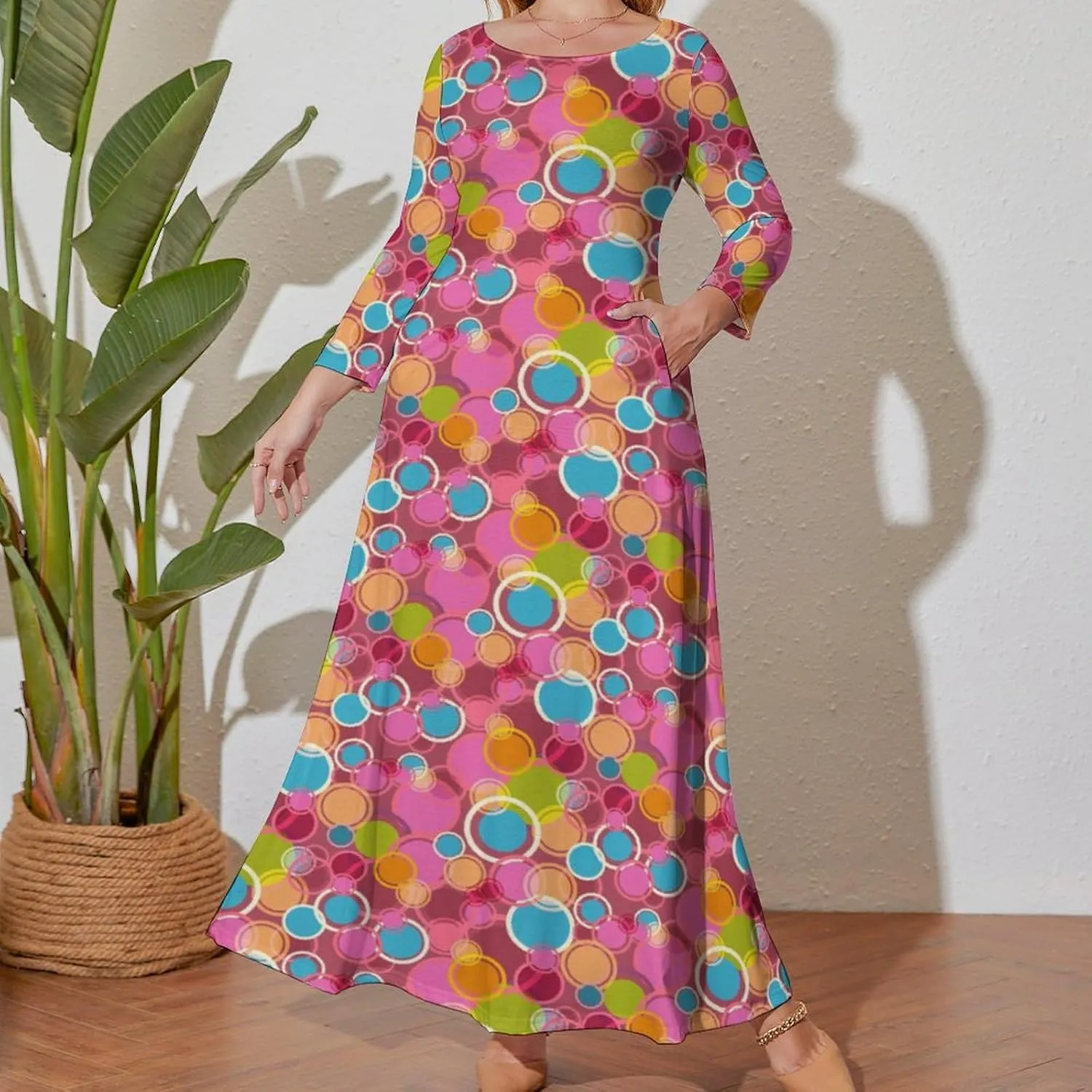 Women Plus Size Long-Sleeve Maxi Dress Empire Waist Red Polka Dot Lounge Swing Pleated Dresses