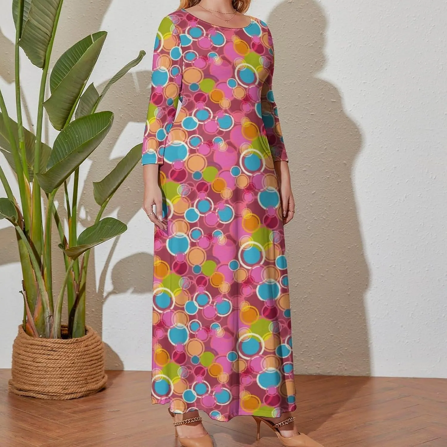 Women Plus Size Long-Sleeve Maxi Dress Empire Waist Red Polka Dot Lounge Swing Pleated Dresses