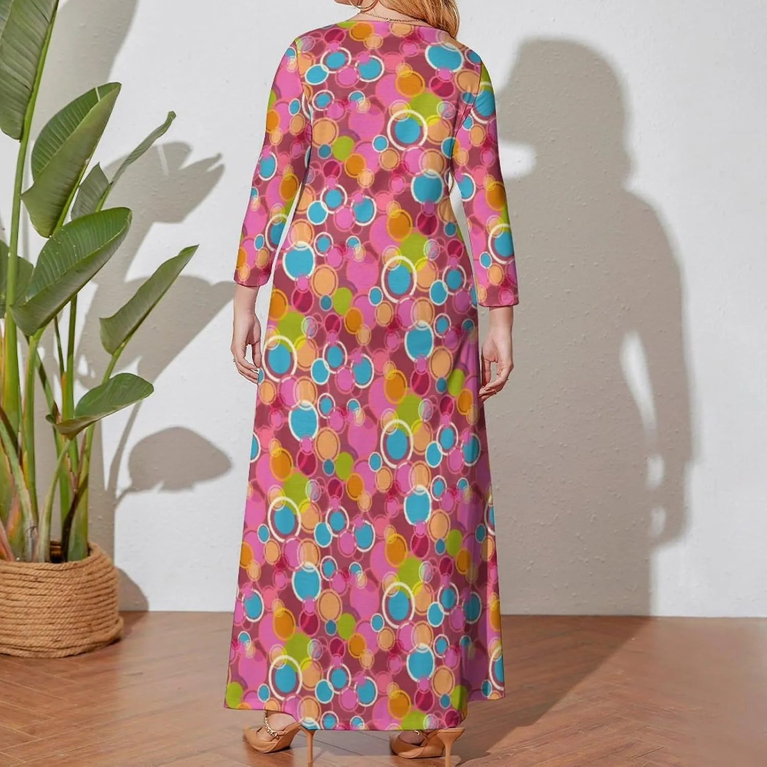 Women Plus Size Long-Sleeve Maxi Dress Empire Waist Red Polka Dot Lounge Swing Pleated Dresses