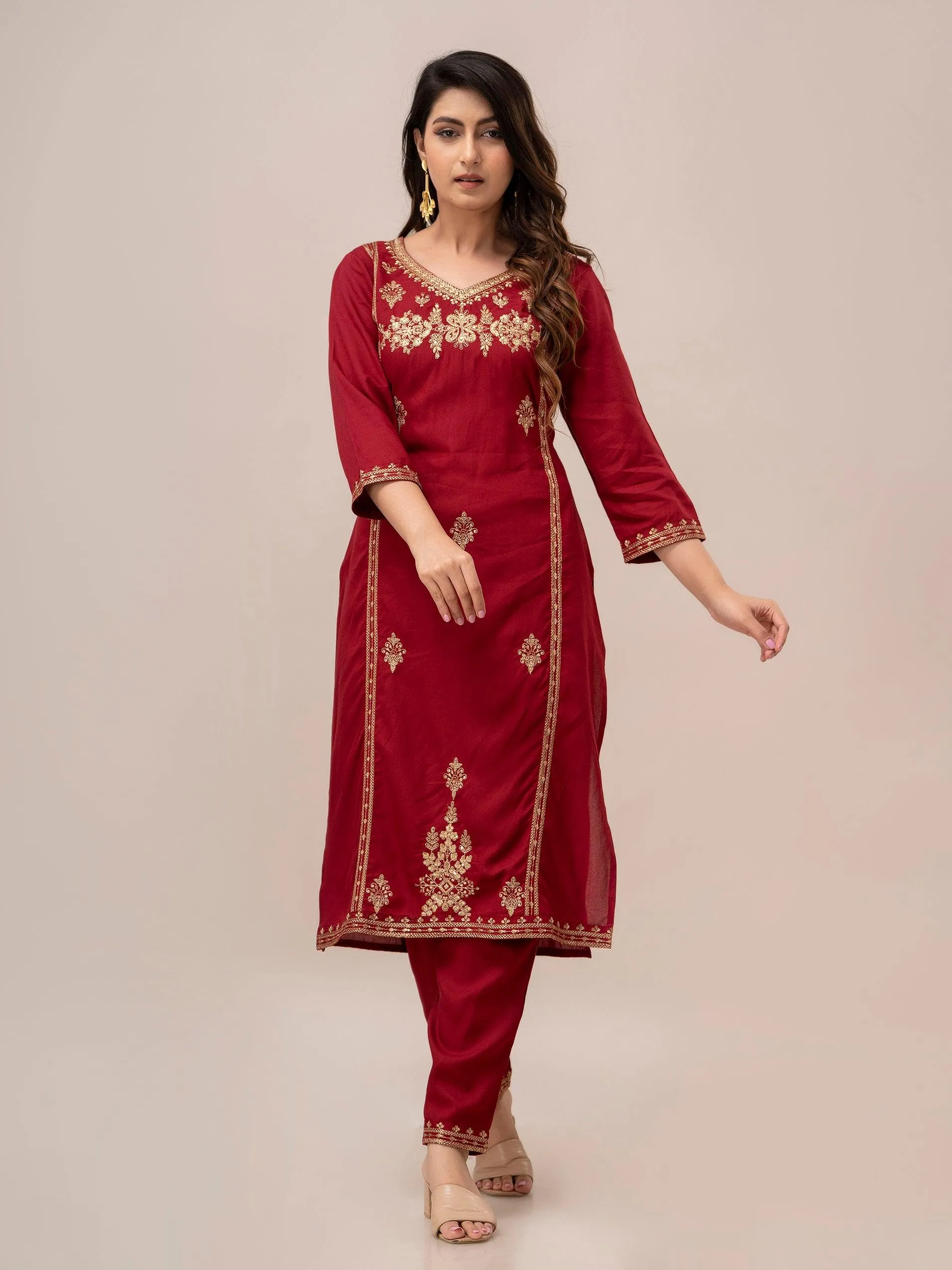 Women Red Sequinned Yoke Design Kurta with Trousers