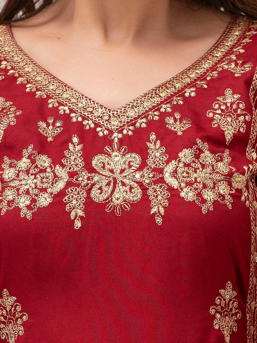 Women Red Sequinned Yoke Design Kurta with Trousers