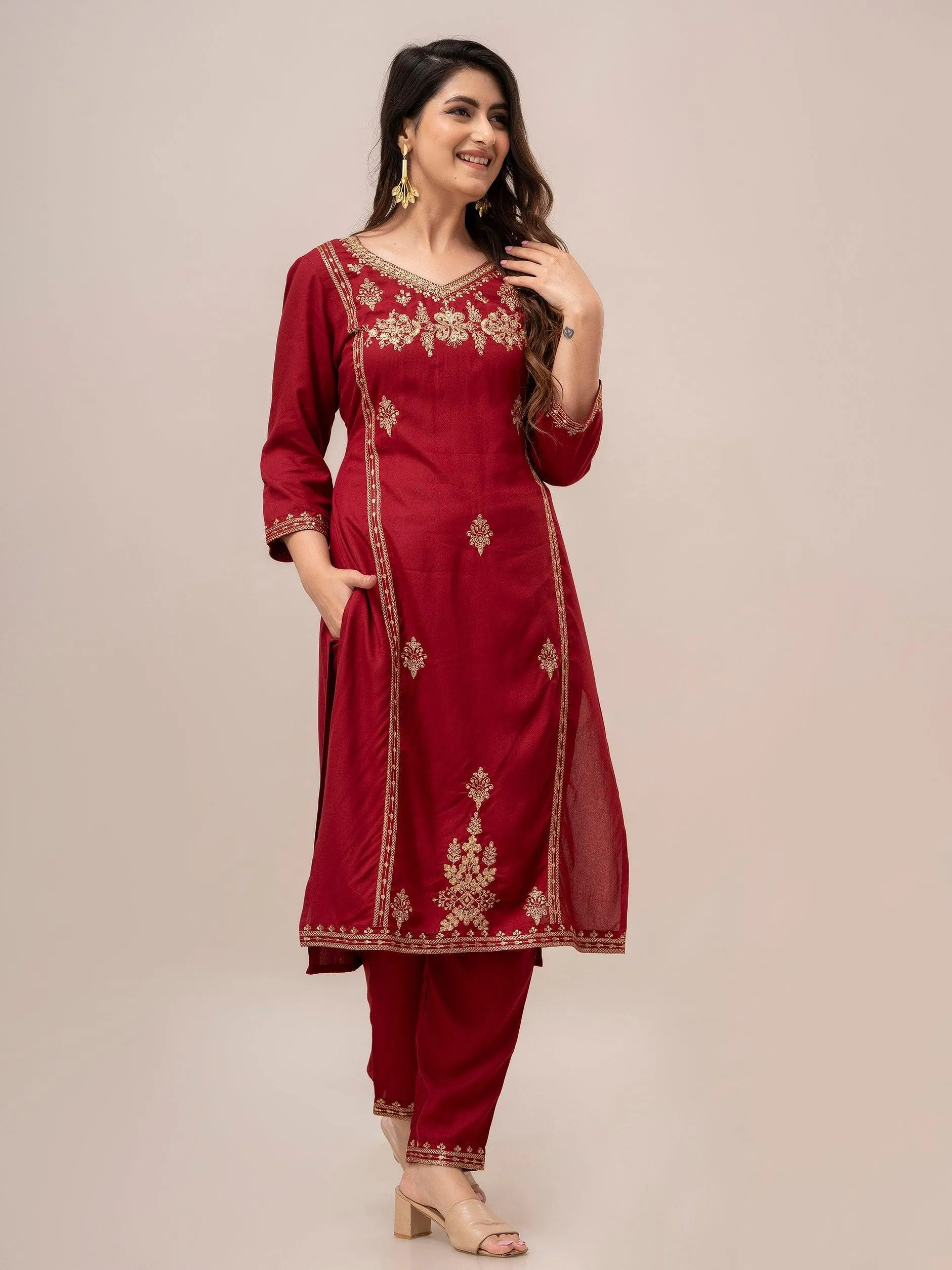 Women Red Sequinned Yoke Design Kurta with Trousers