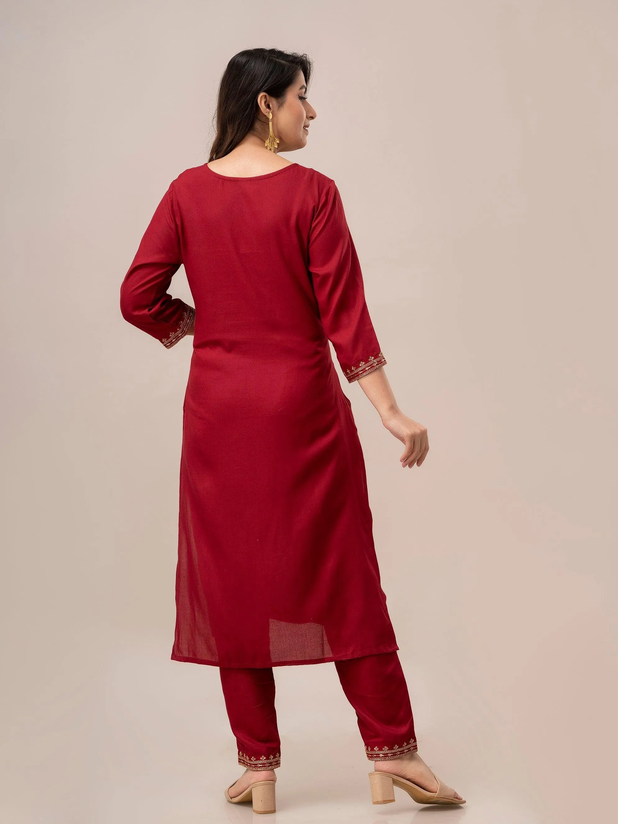 Women Red Sequinned Yoke Design Kurta with Trousers