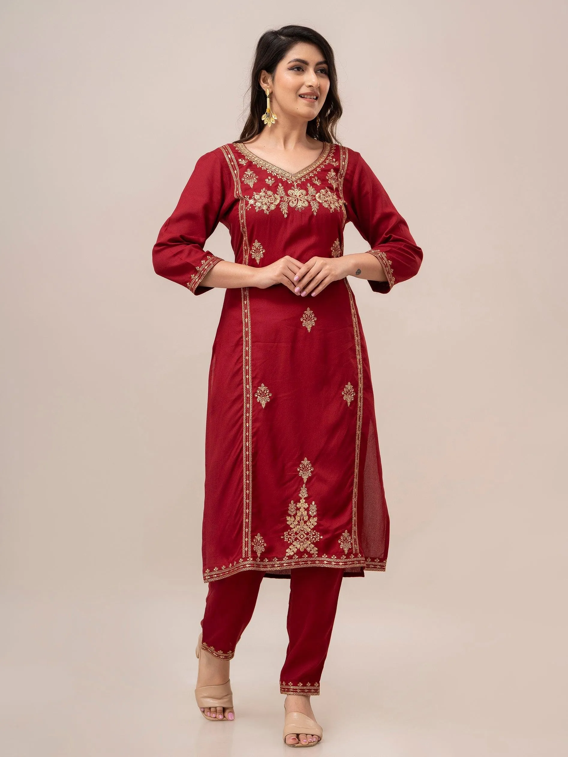 Women Red Sequinned Yoke Design Kurta with Trousers