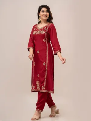 Women Red Sequinned Yoke Design Kurta with Trousers
