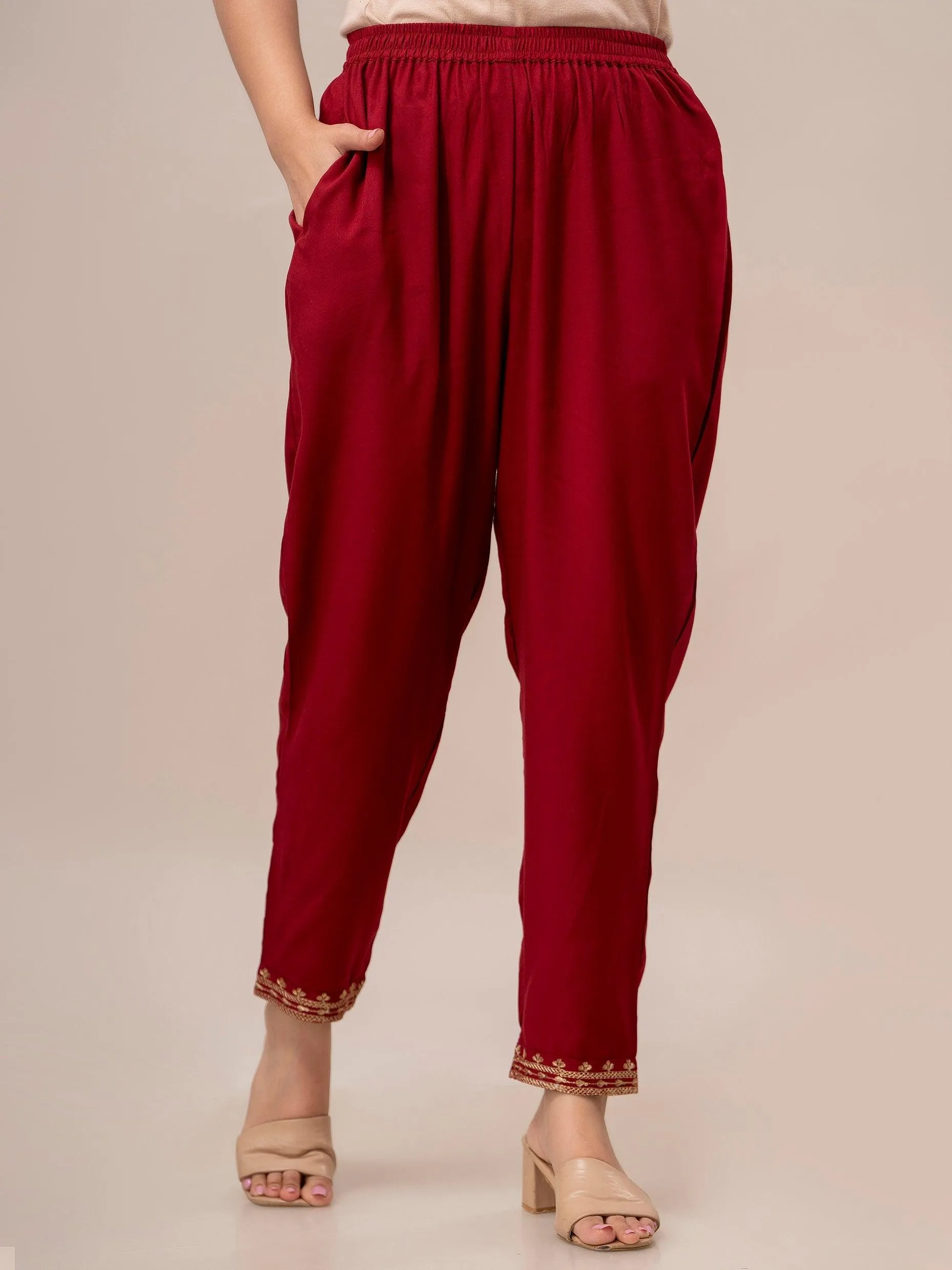 Women Red Sequinned Yoke Design Kurta with Trousers