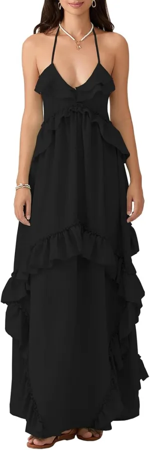 Women Sexy Sleeveless Halter Neck Ruffle Maxi Dress Backless Bodycon Long Dress Summer Vacation Beach Sundress
