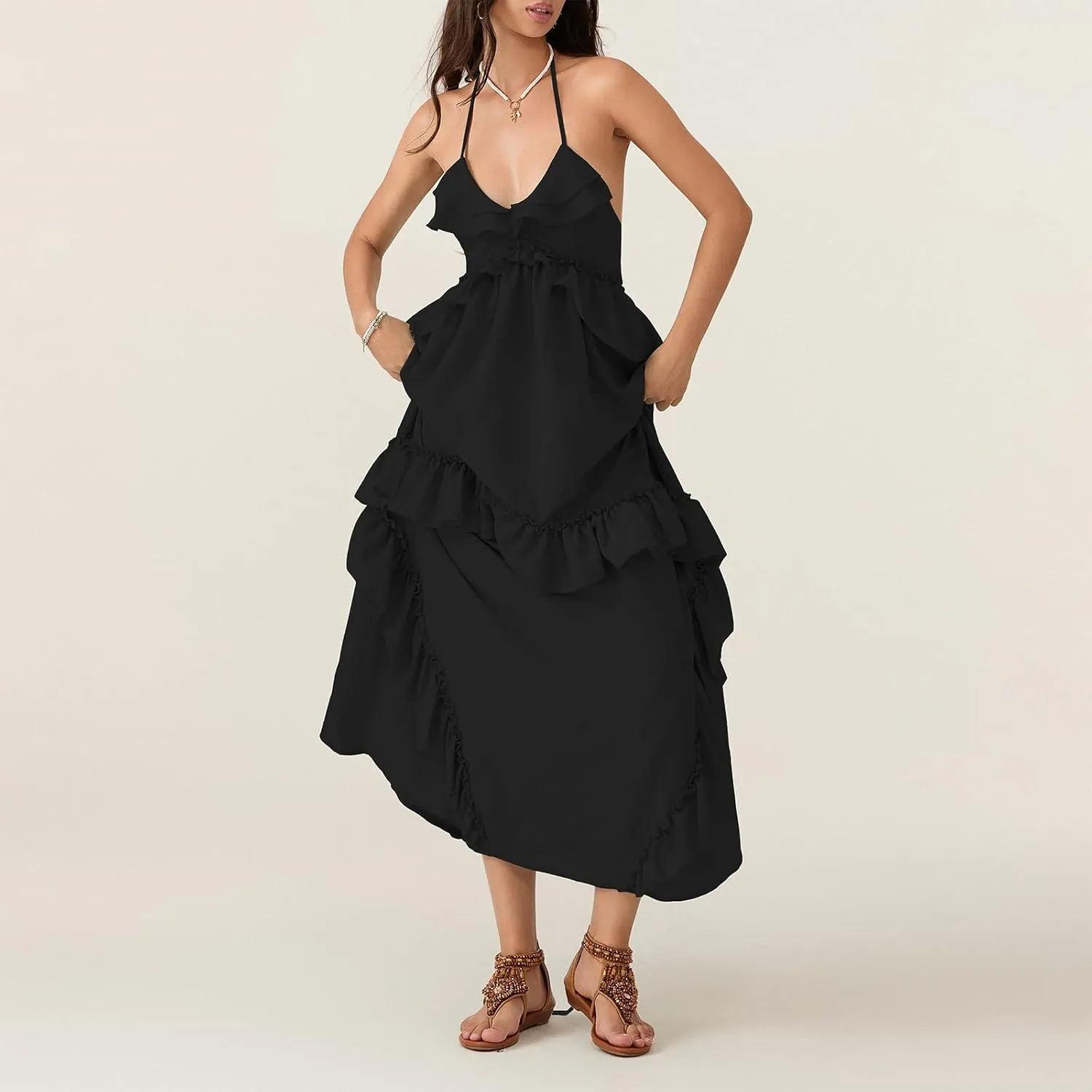 Women Sexy Sleeveless Halter Neck Ruffle Maxi Dress Backless Bodycon Long Dress Summer Vacation Beach Sundress