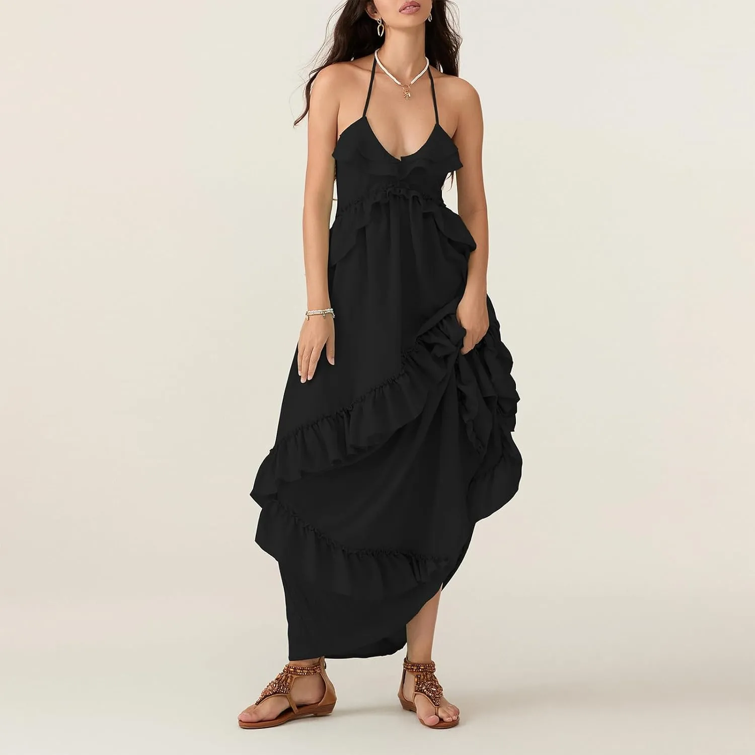 Women Sexy Sleeveless Halter Neck Ruffle Maxi Dress Backless Bodycon Long Dress Summer Vacation Beach Sundress