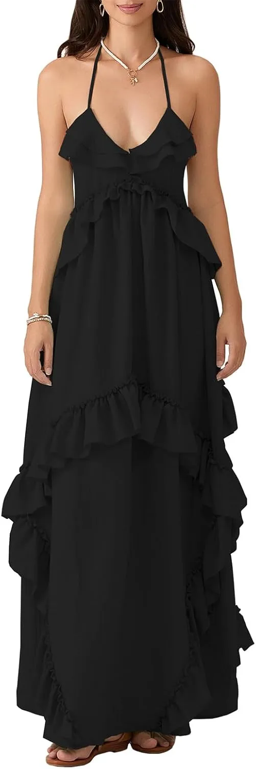 Women Sexy Sleeveless Halter Neck Ruffle Maxi Dress Backless Bodycon Long Dress Summer Vacation Beach Sundress