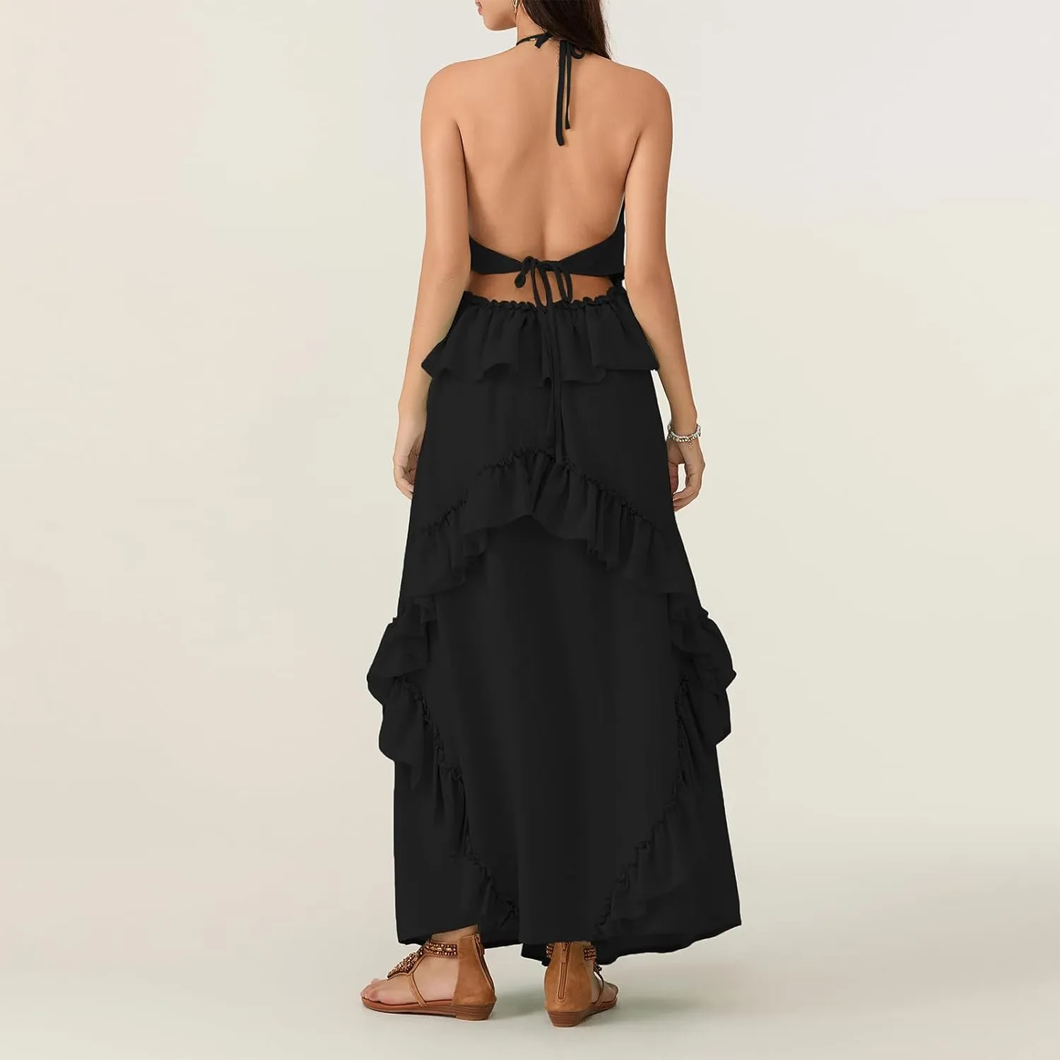 Women Sexy Sleeveless Halter Neck Ruffle Maxi Dress Backless Bodycon Long Dress Summer Vacation Beach Sundress