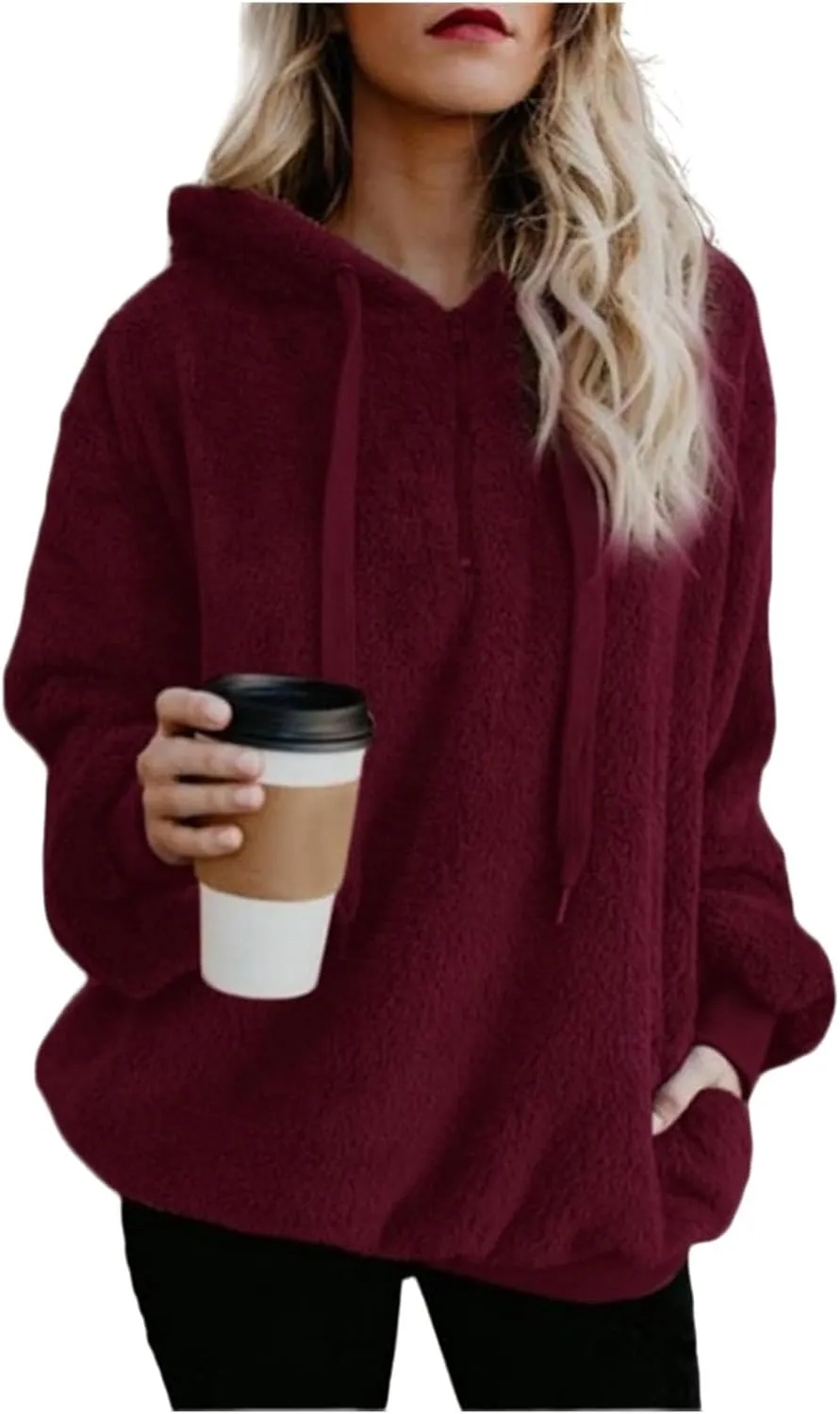 Women Sherpa Hoodie Fuzzy Fleece Quarter Zip Pullover Loose Comfy Plush Sweatshirt with Pockets Cute Winter Clothes