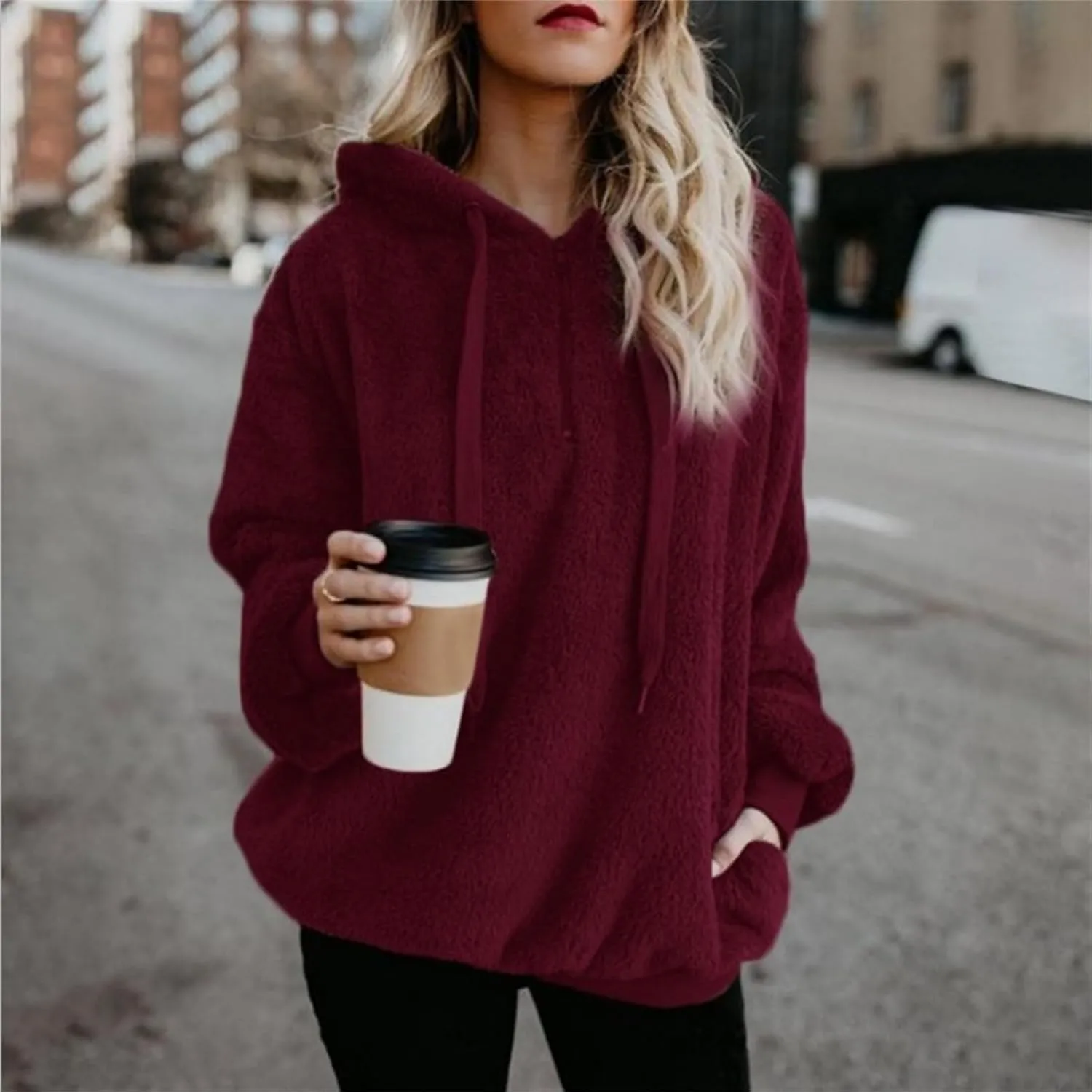 Women Sherpa Hoodie Fuzzy Fleece Quarter Zip Pullover Loose Comfy Plush Sweatshirt with Pockets Cute Winter Clothes