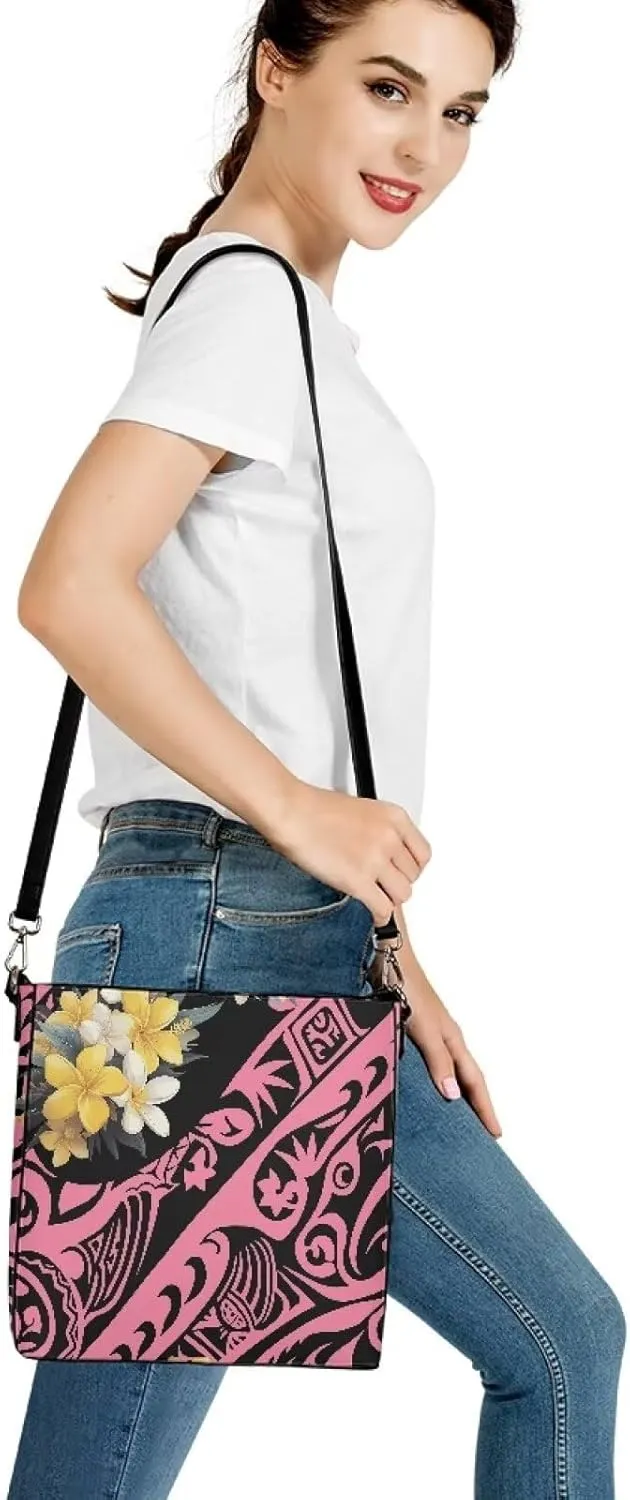 Women Shoulder Bucket Tote Crossbody Bag, Hawaiian Tribal PU Leather Bucket Handbag Tropical Floral Hobo Bag Purse