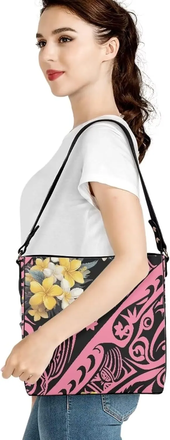 Women Shoulder Bucket Tote Crossbody Bag, Hawaiian Tribal PU Leather Bucket Handbag Tropical Floral Hobo Bag Purse