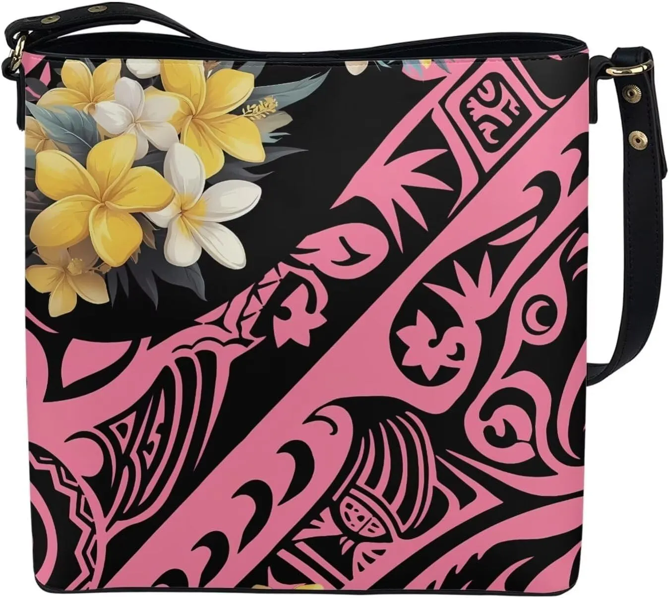 Women Shoulder Bucket Tote Crossbody Bag, Hawaiian Tribal PU Leather Bucket Handbag Tropical Floral Hobo Bag Purse