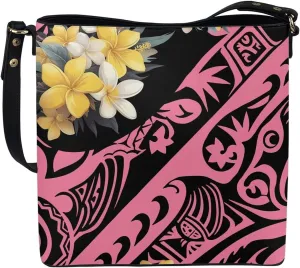 Women Shoulder Bucket Tote Crossbody Bag, Hawaiian Tribal PU Leather Bucket Handbag Tropical Floral Hobo Bag Purse
