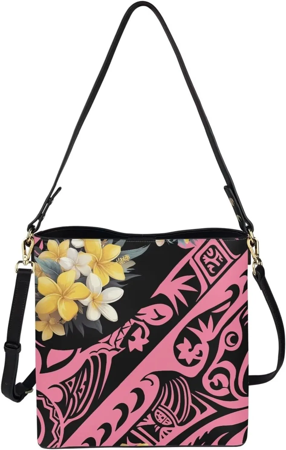 Women Shoulder Bucket Tote Crossbody Bag, Hawaiian Tribal PU Leather Bucket Handbag Tropical Floral Hobo Bag Purse