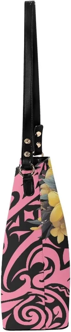 Women Shoulder Bucket Tote Crossbody Bag, Hawaiian Tribal PU Leather Bucket Handbag Tropical Floral Hobo Bag Purse