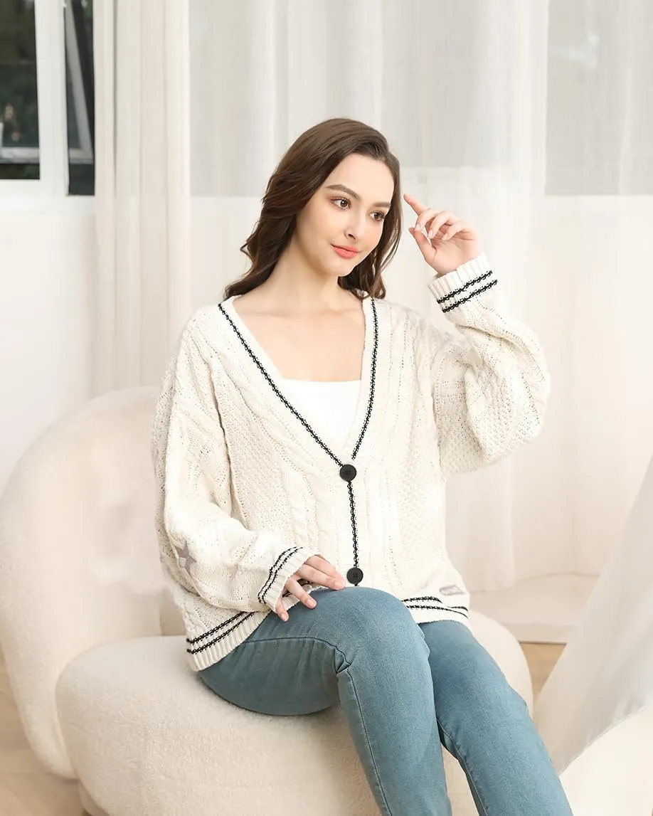 Women Star Embroidery Cardigan Long Sleeve V Neck Knit Sweater Oversized Button Down Knitwear Coat Outerwear