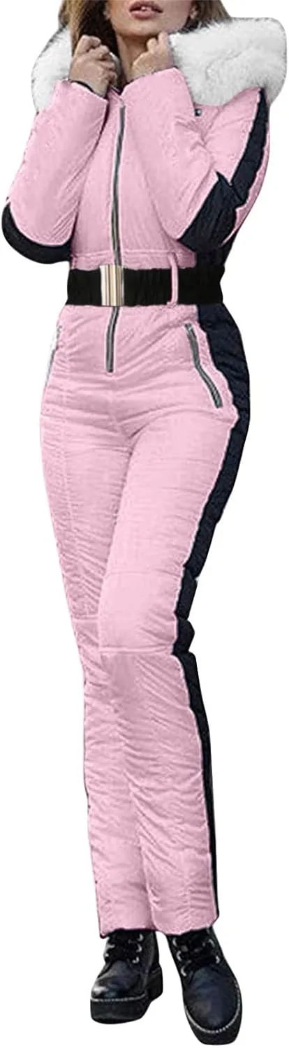Women Winter One Piece Ski Suits Outdoor Sports Snowsuit Fur Collar Coat Jumpsuit with Hoodies Ski Jackets and Pants