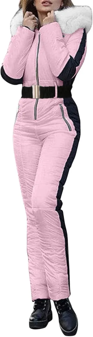 Women Winter One Piece Ski Suits Outdoor Sports Snowsuit Fur Collar Coat Jumpsuit with Hoodies Ski Jackets and Pants