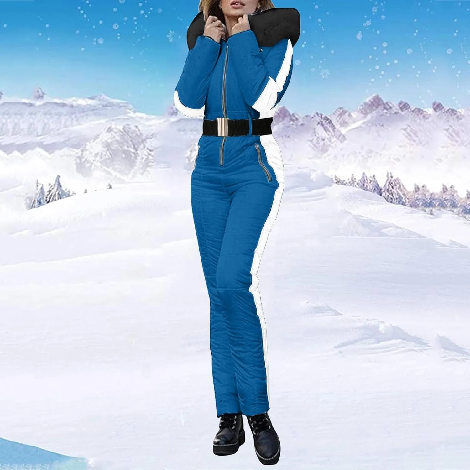 Women Winter One Piece Ski Suits Outdoor Sports Snowsuit Fur Collar Coat Jumpsuit with Hoodies Ski Jackets and Pants