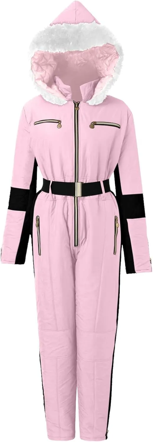 Women Winter One Piece Ski Suits Outdoor Sports Snowsuit Fur Collar Coat Jumpsuit with Hoodies Ski Jackets and Pants