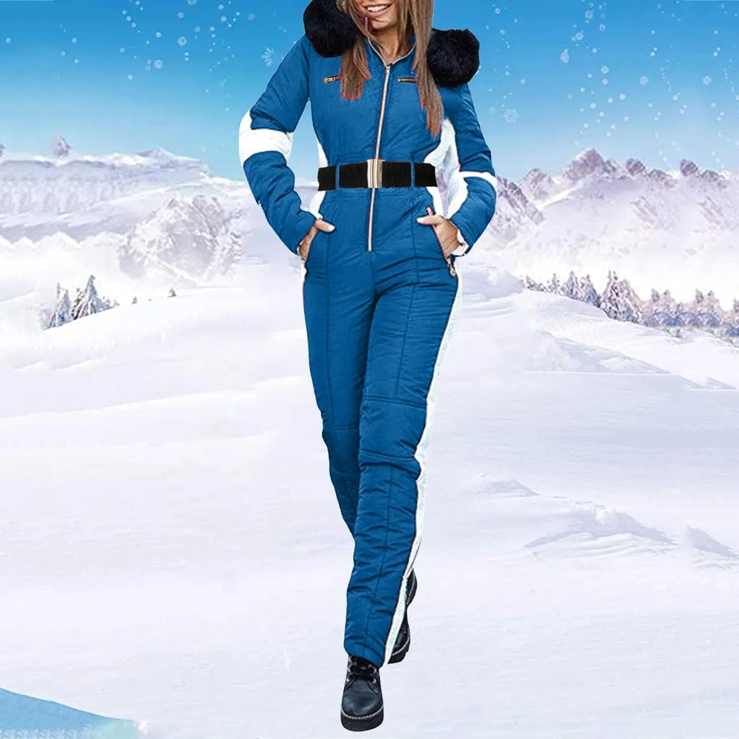 Women Winter One Piece Ski Suits Outdoor Sports Snowsuit Fur Collar Coat Jumpsuit with Hoodies Ski Jackets and Pants