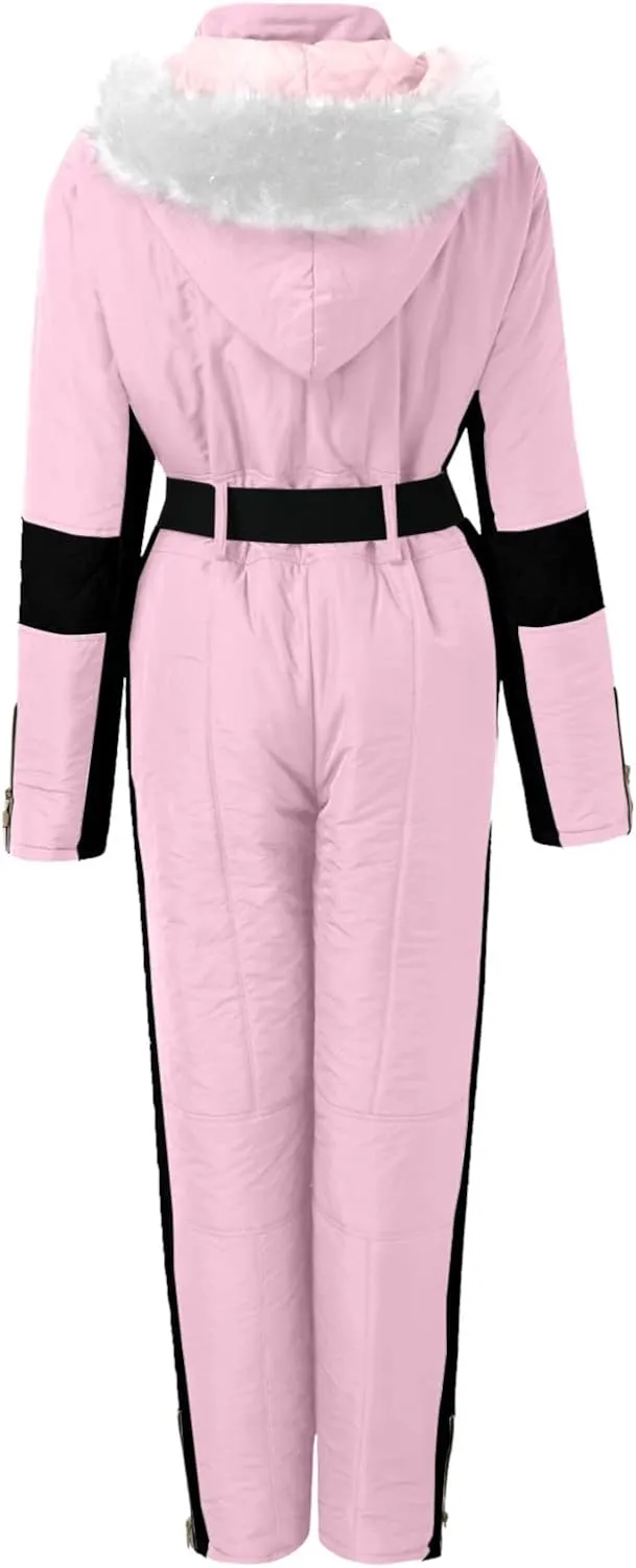 Women Winter One Piece Ski Suits Outdoor Sports Snowsuit Fur Collar Coat Jumpsuit with Hoodies Ski Jackets and Pants