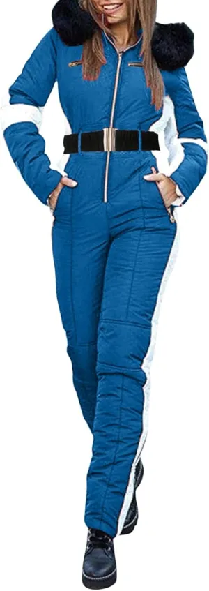 Women Winter One Piece Ski Suits Outdoor Sports Snowsuit Fur Collar Coat Jumpsuit with Hoodies Ski Jackets and Pants